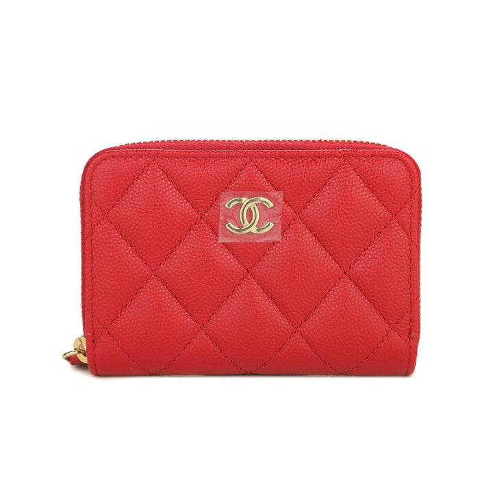 CHANEL Caviar Quilted Boy Zip Around Coin Purse Wallet Red 1216031
