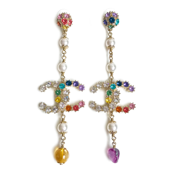 Chanel Rainbow Crystal CC Logo Dangle Earrings