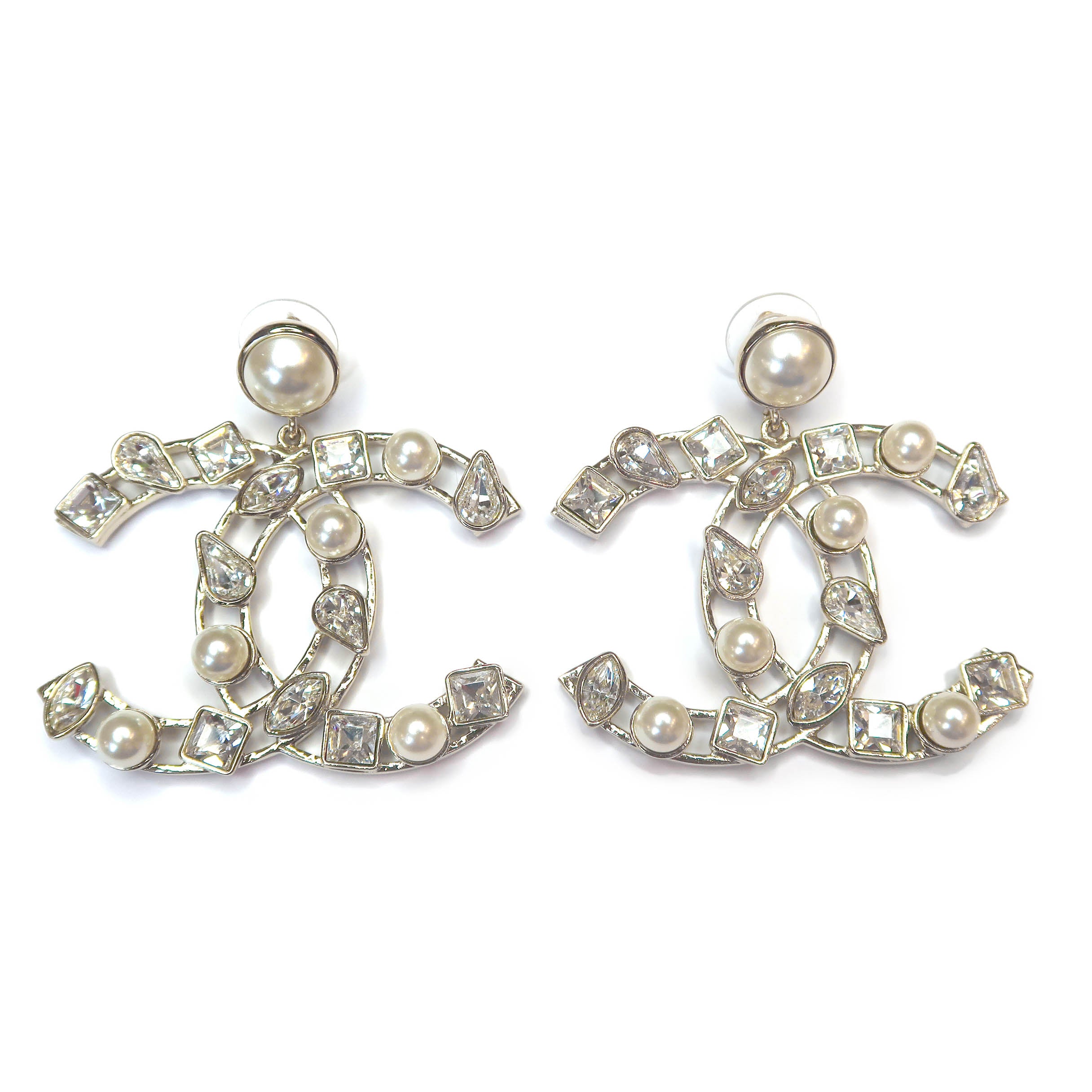 CHANEL Crystal Pearl Cutout Oversized CC Logo Dangle Earrings