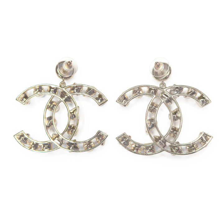 Crystal Pearl Cutout Oversized CC Logo Dangle Earrings