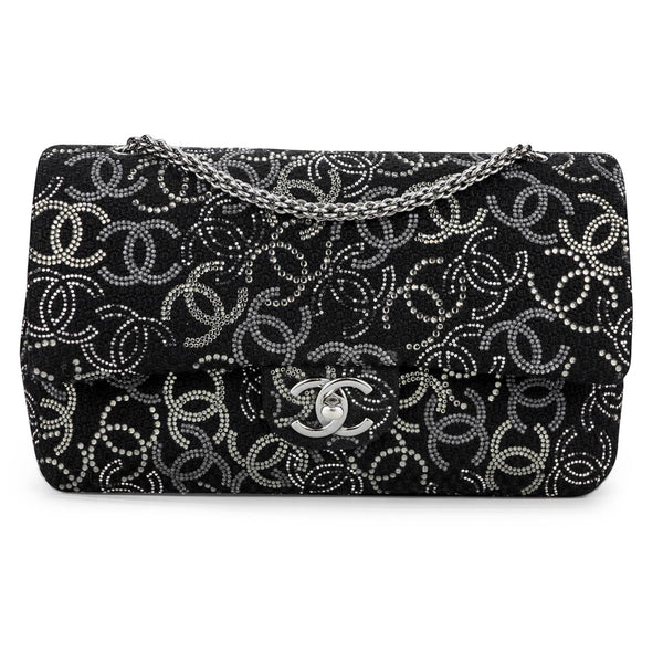 CHANEL Strass Crystal CC Medium Classic Double Flap Bag in Black Tweed - Dearluxe.com