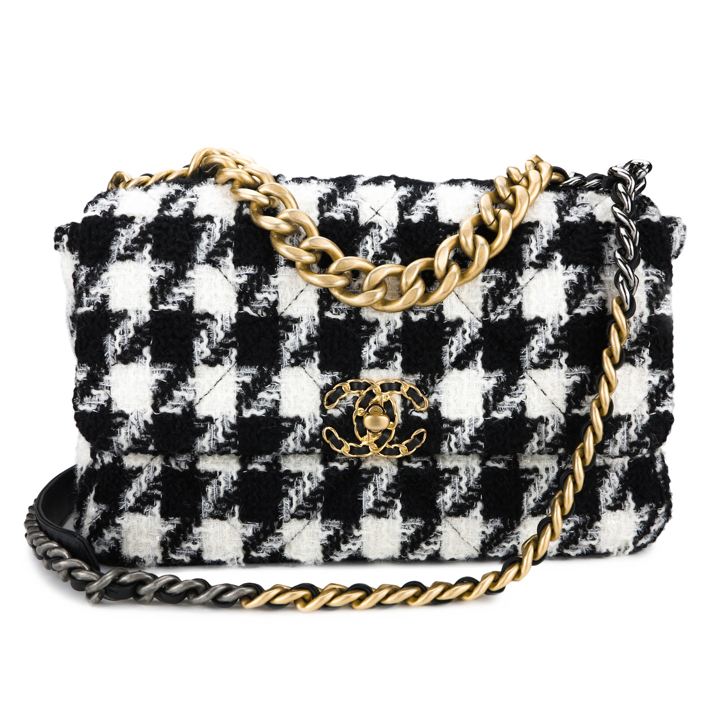 CHANEL 19 Medium Flap Bag in Black And White Houndstooth Tweed