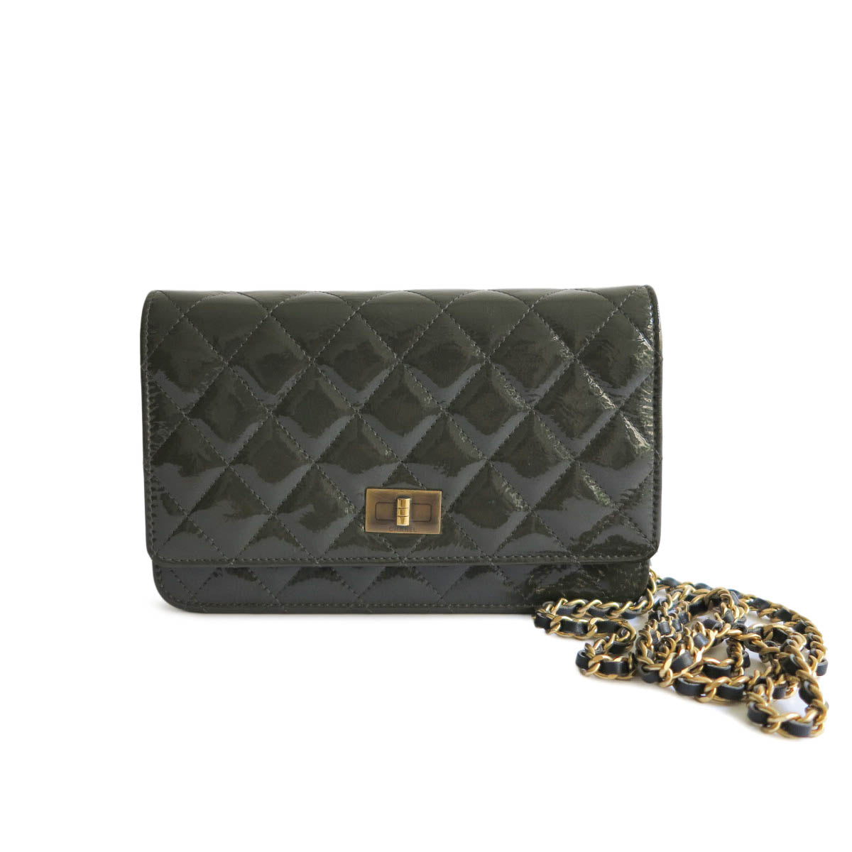 CHANEL 2.55 Wallet On Chain WOC in Dark Olive Grey Patent Leather