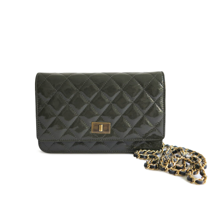 CHANEL 2.55 Wallet On Chain WOC in Dark Olive Grey Patent Leather - Dearluxe.com