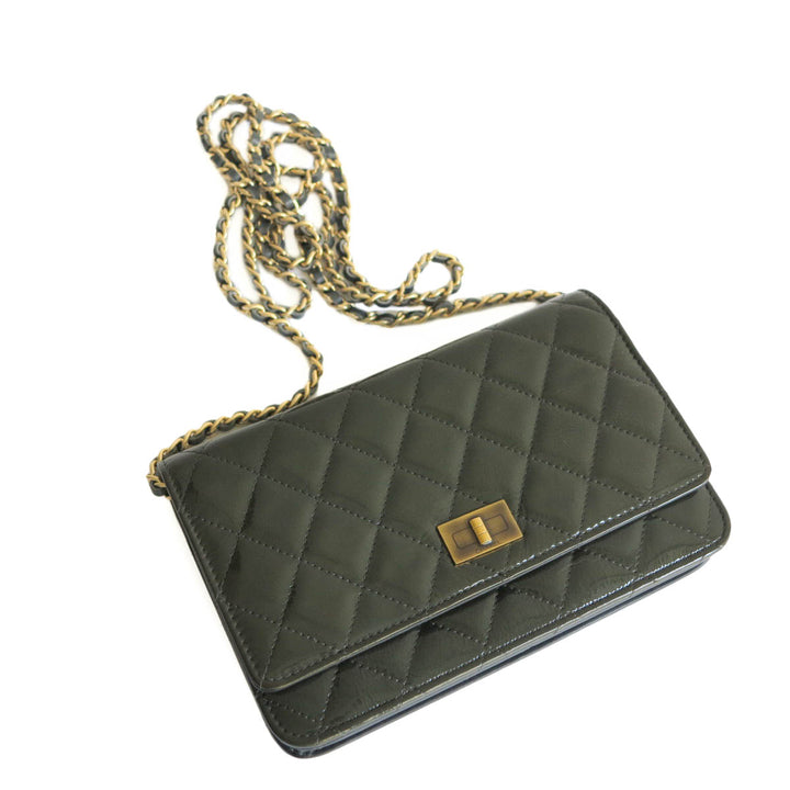 2.55 Wallet On Chain WOC in Dark Olive Grey Patent Leather