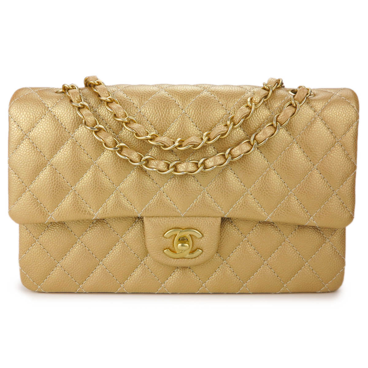 CHANEL Medium Classic Double Flap Bag in Pearly Gold Caviar