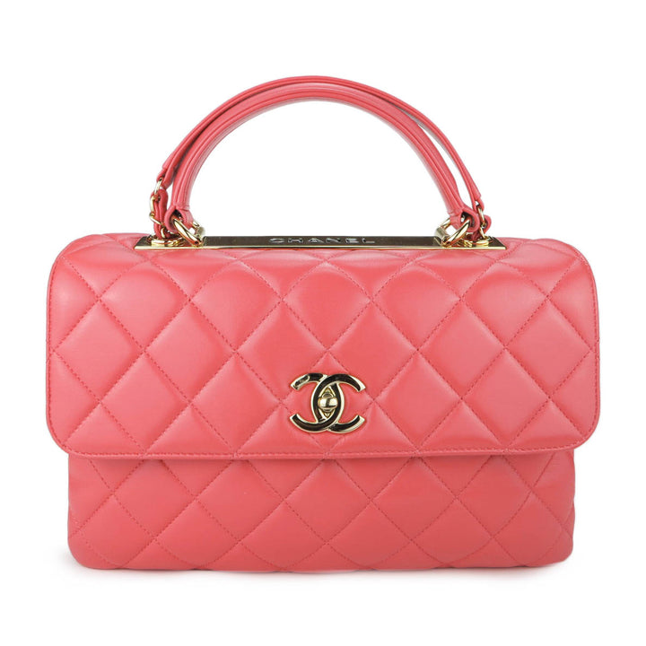 CHANEL Medium Trendy CC Flap Bag with Top Handle in Coral Pink Lambskin - Dearluxe.com