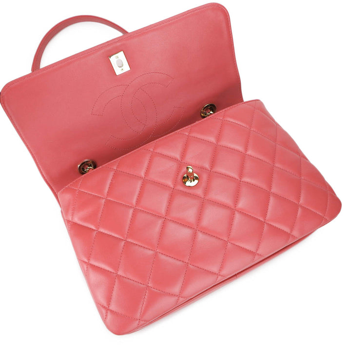 Medium Trendy CC Flap Bag with Top Handle in Coral Pink Lambskin