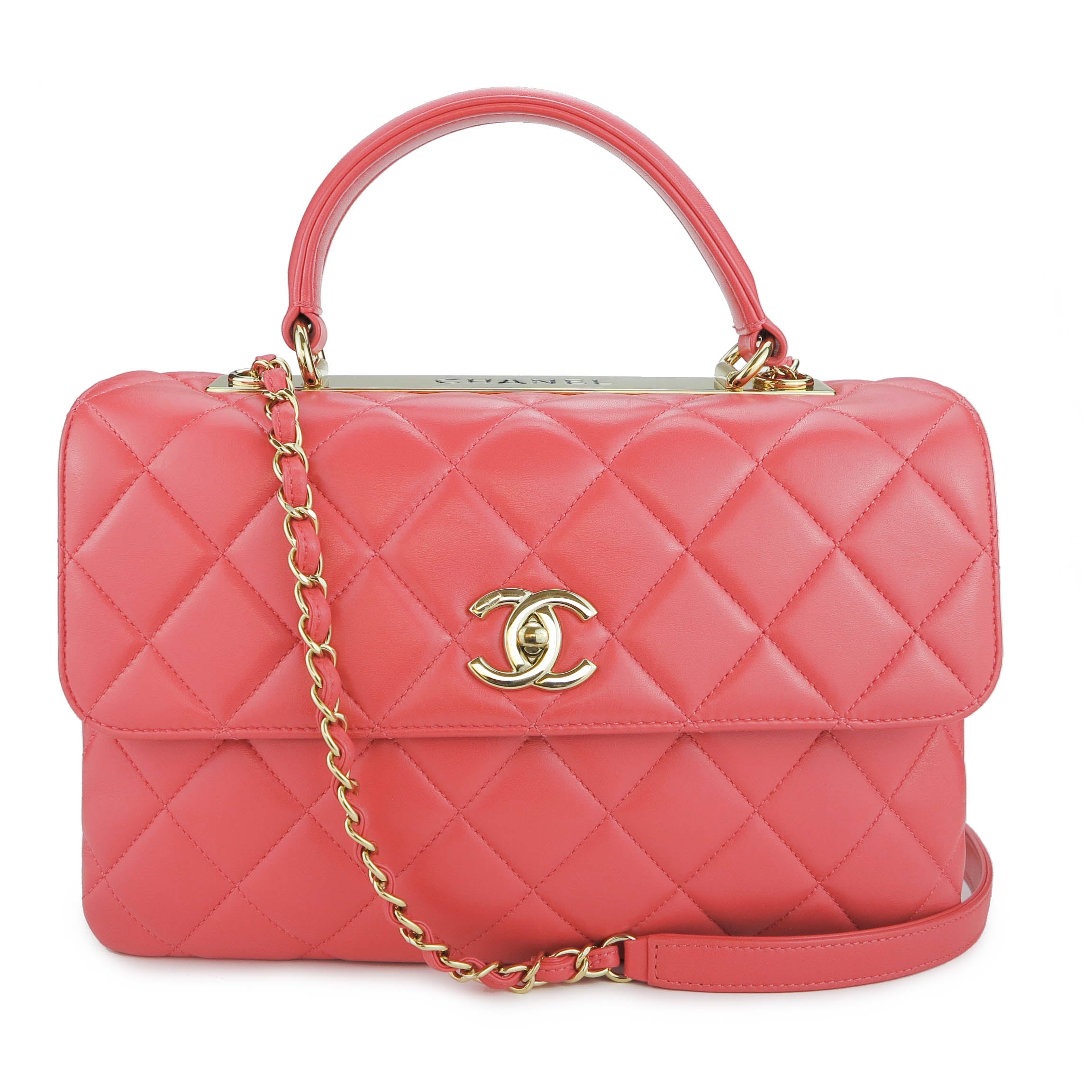 CHANEL Medium Trendy CC Flap Bag with Top Handle in Coral Pink Lambskin –  Dearluxe