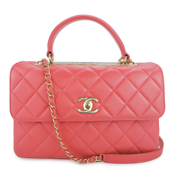 CHANEL Medium Trendy CC Flap Bag with Top Handle in Coral Pink Lambskin - Dearluxe.com
