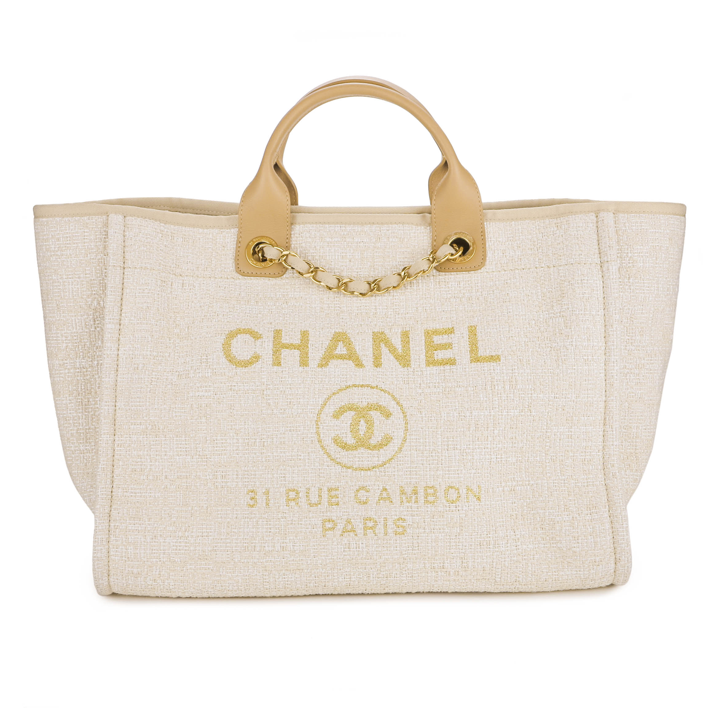 Chanel Canvas Deauville Medium Tote Beige Gold – Coco Approved Studio