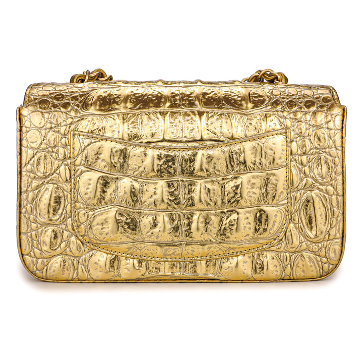 Mini Rectangular Flap Bag in Gold Croc Embossed Calfskin - Dearluxe.com