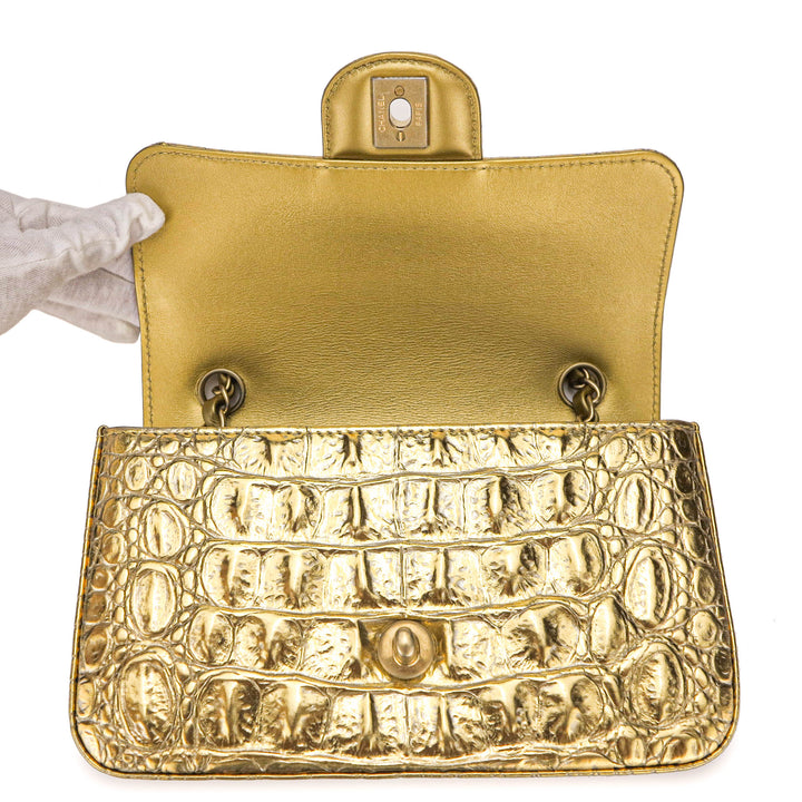 Mini Rectangular Flap Bag in Gold Croc Embossed Calfskin - Dearluxe.com
