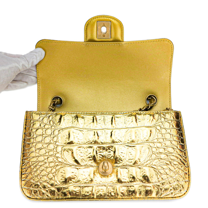 CHANEL Mini Rectangular Flap Bag in Gold Croc Embossed Calfskin - Dearluxe.com
