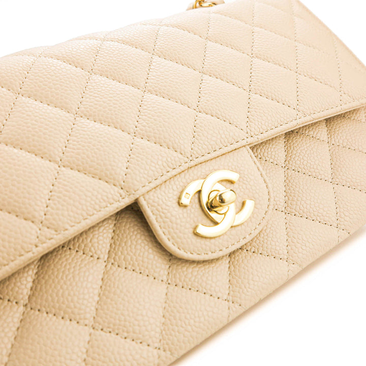 CHANEL Medium Classic Double Flap Bag in Beige Clair Caviar - Dearluxe.com