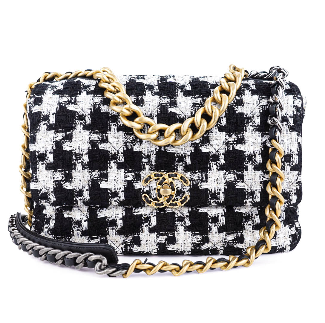 CHANEL CHANEL 19 Medium Flap Bag in 20S Black And White Ribbon Houndstooth  Tweed | Dearluxe