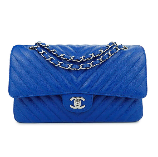 CHANEL Medium Classic Double Flap Bag in Chevron Blue Caviar SHW - Dearluxe.com