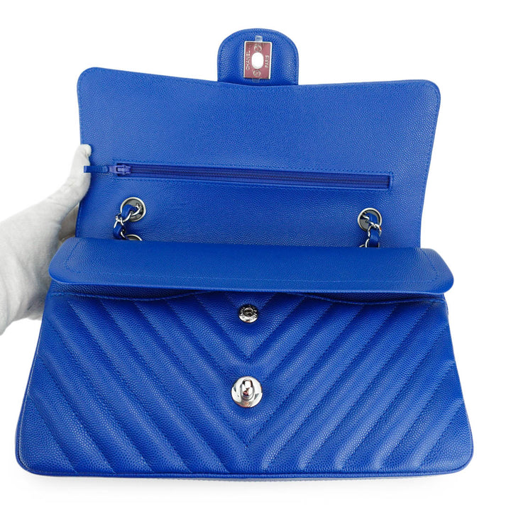 CHANEL Medium Classic Double Flap Bag in Chevron Blue Caviar SHW - Dearluxe.com