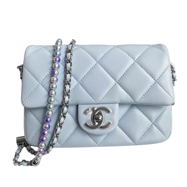 CHANEL 21K My Perfect Mini Flap Bag with Pearl Strap in Light Blue Lambskin - Dearluxe.com