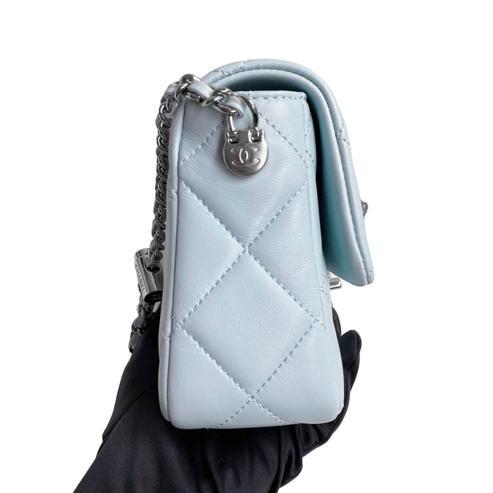 21K My Perfect Mini Flap Bag with Pearl Strap in Light Blue Lambskin