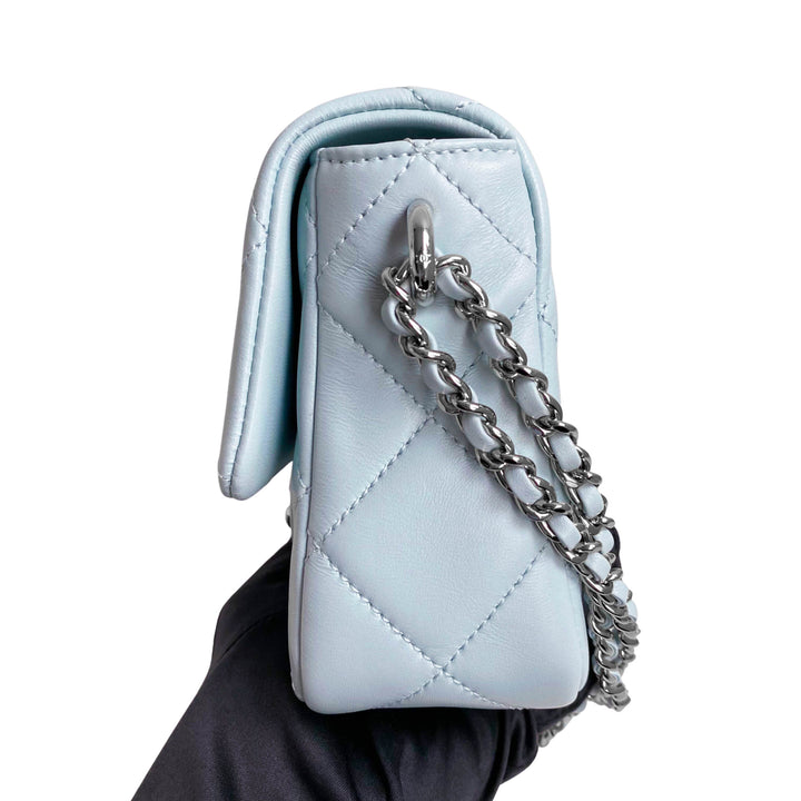 CHANEL 21K My Perfect Mini Flap Bag with Pearl Strap in Light Blue Lambskin