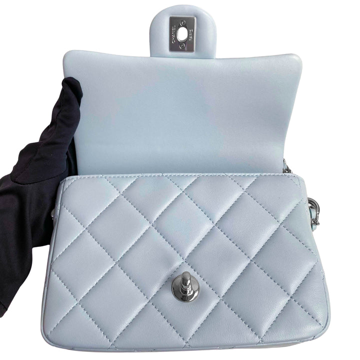 CHANEL 21K My Perfect Mini Flap Bag with Pearl Strap in Light Blue