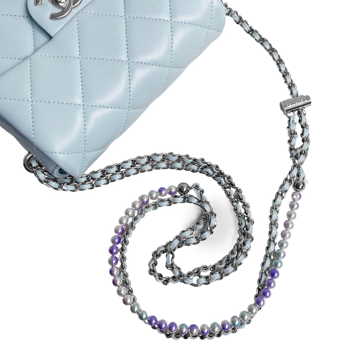 CHANEL 21K My Perfect Mini Flap Bag with Pearl Strap in Light Blue Lambskin - Dearluxe.com
