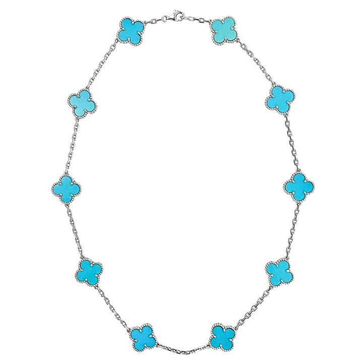 VAN CLEEF & ARPELS Turquoise Vintage Alhambra 10 Motifs Necklace 18k White Gold - Dearluxe.com