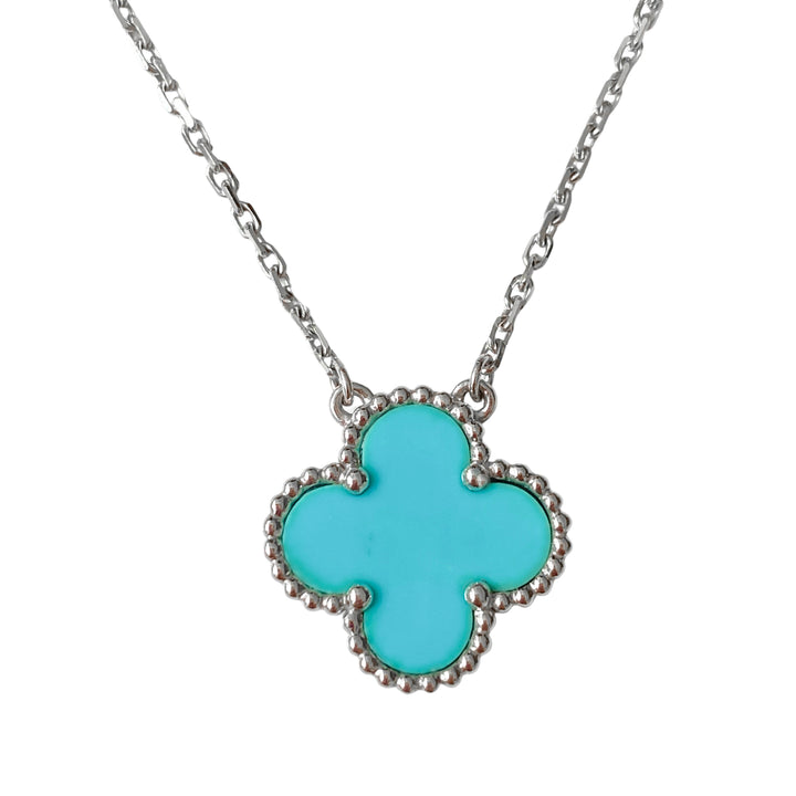 VAN CLEEF & ARPELS Vintage Alhambra Pendant Necklace in 18k White Gold Turquoise - Dearluxe.com