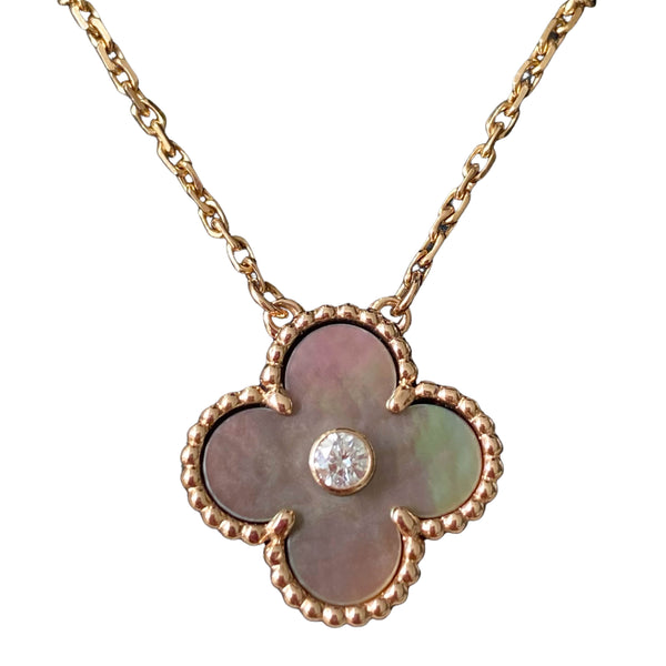 VAN CLEEF & ARPELS Vintage Alhambra 2014 Holiday Diamond Pendant Necklace in Grey MOP 18k Pink Gold - Dearluxe.com
