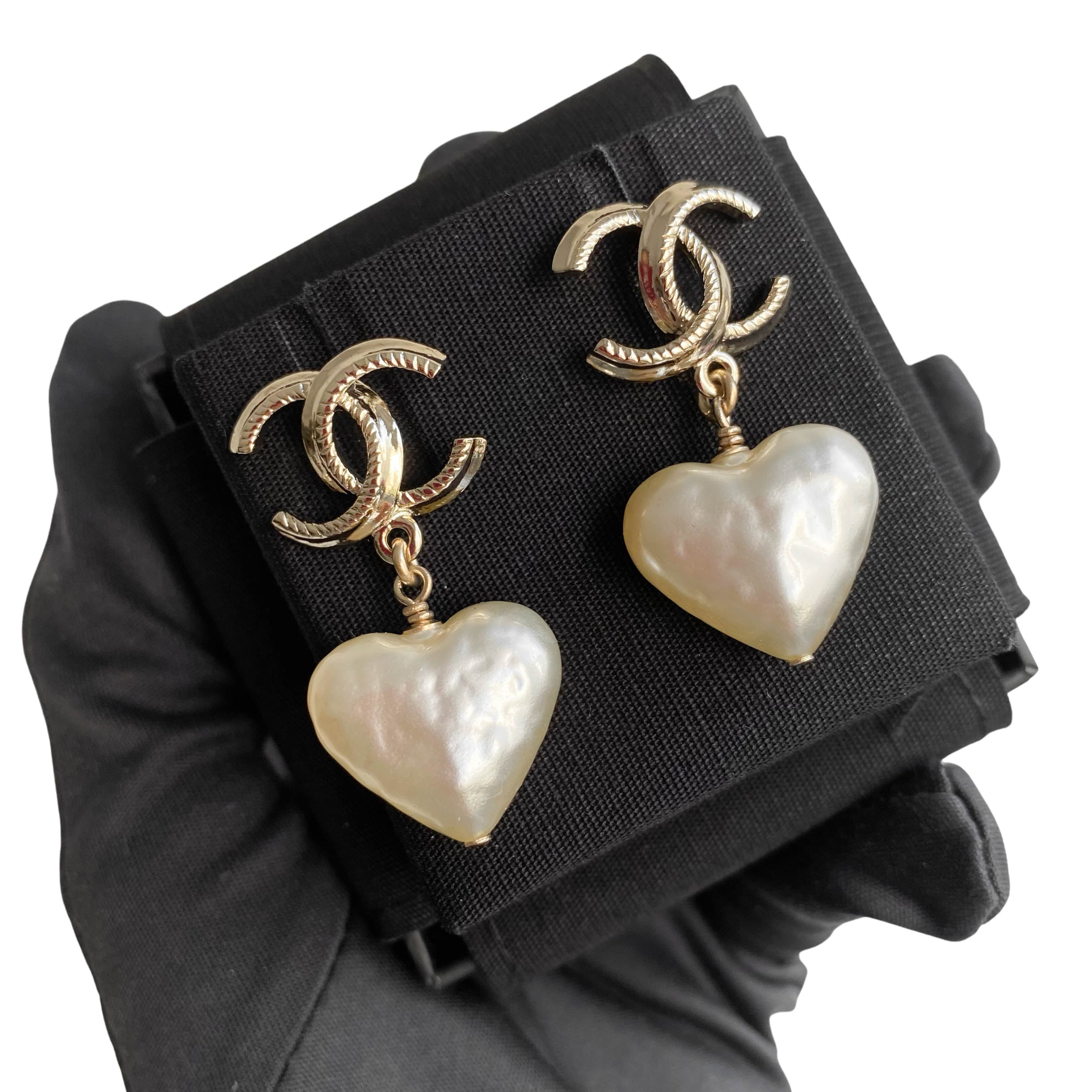 Chanel CC Pearl Heart Drop Earrings Gold Tone 22C