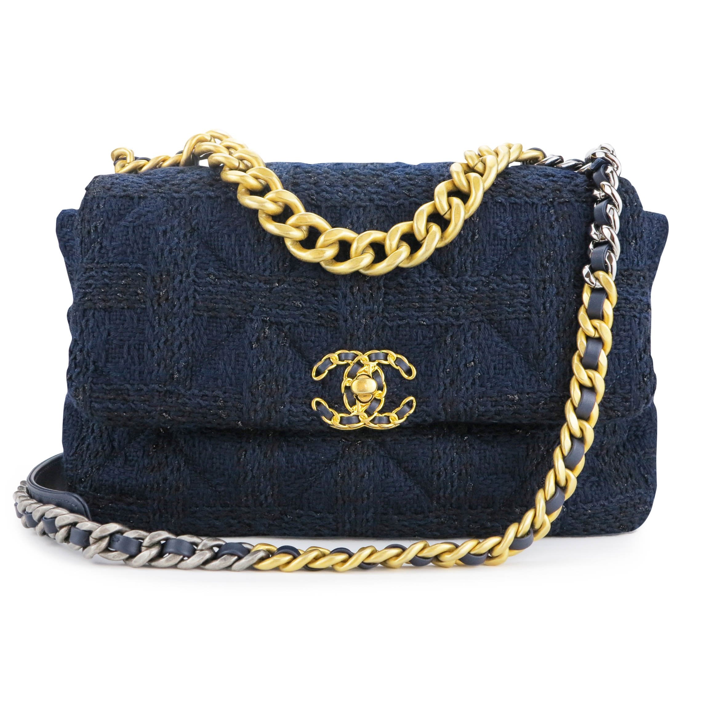 CHANEL Tweed Quilted Medium Chanel 19 Flap Black Navy Gold 648980