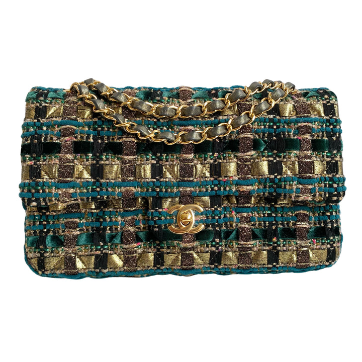 CHANEL 19A Ancient Egypt Gold Green Tweed Medium Classic Double Flap Bag - Dearluxe.com