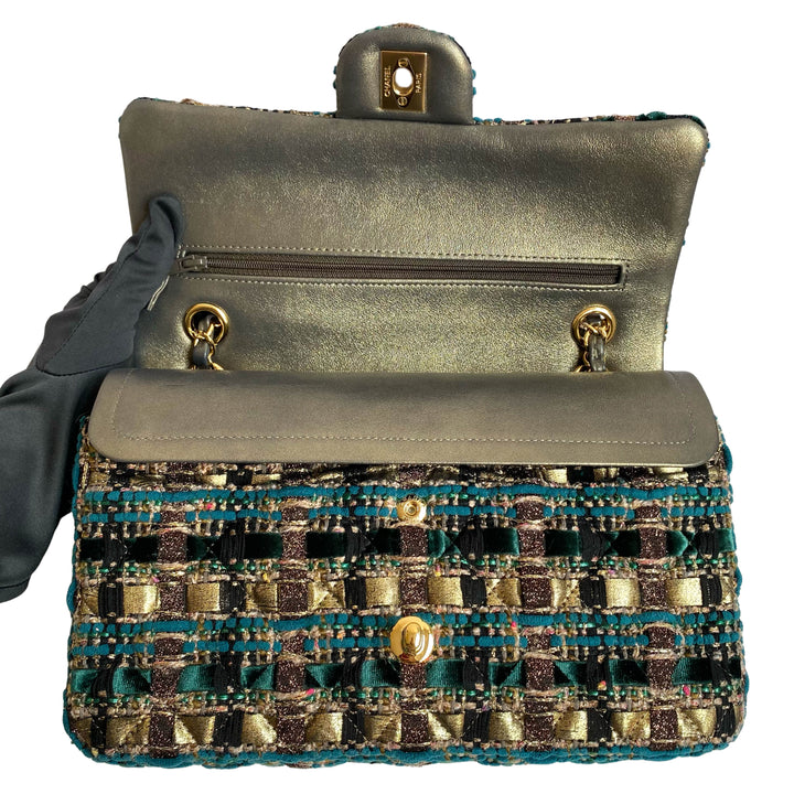 19A Ancient Egypt Gold Green Tweed Medium Classic Double Flap Bag