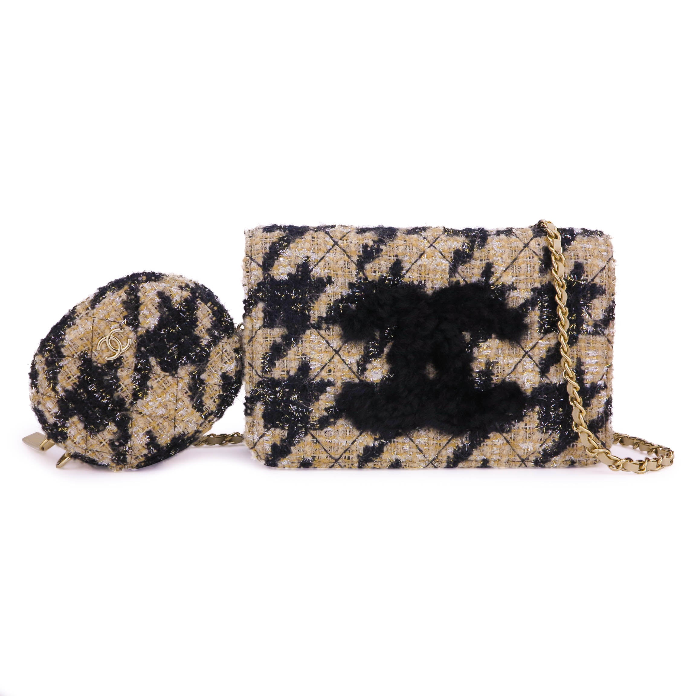 Beige and Black Houndstooth Tweed Chanel 19 WOC Wallet On Chain with Pouch,  2019