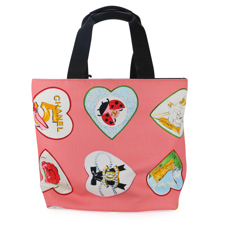 Coco Heart Print Pink Canvas Large Tote Bag