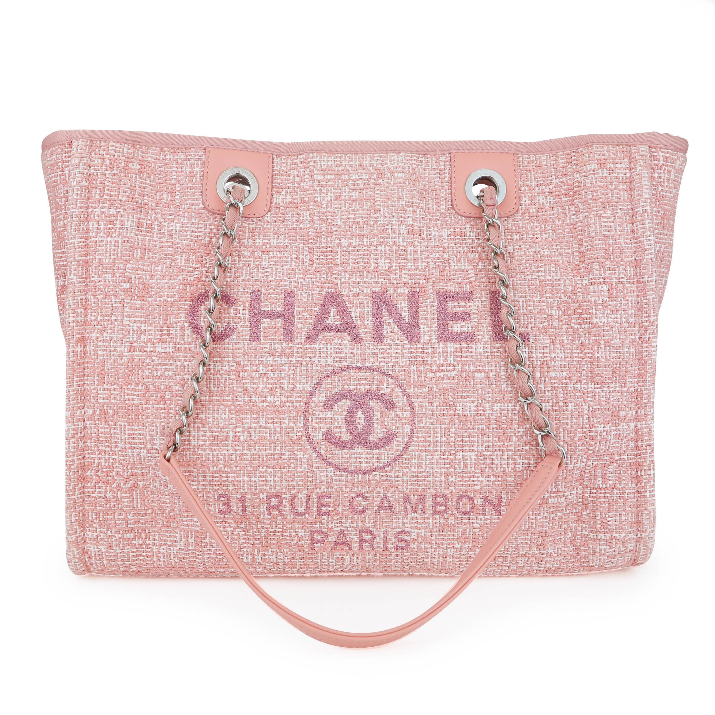 CHANEL Small Glitter Deauville Tote Bag in Pink Canvas