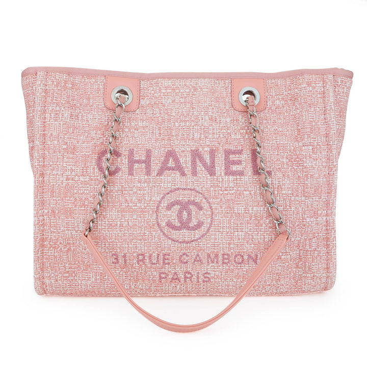 CHANEL Small Glitter Deauville Tote Bag in Pink Canvas - Dearluxe.com