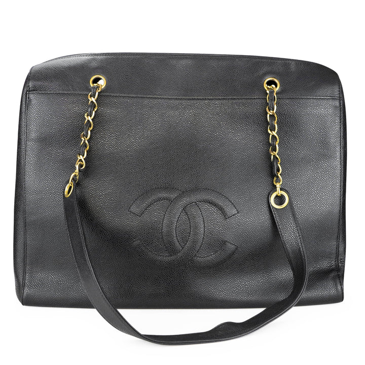 CHANEL Vintage Quilted XL Logo Shoulder Maxi Tote Bag in Black Caviar - Dearluxe.com
