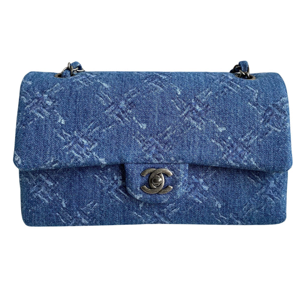 CHANEL 19B Printed Quilted Denim Medium Classic Double Flap Bag - Dearluxe.com