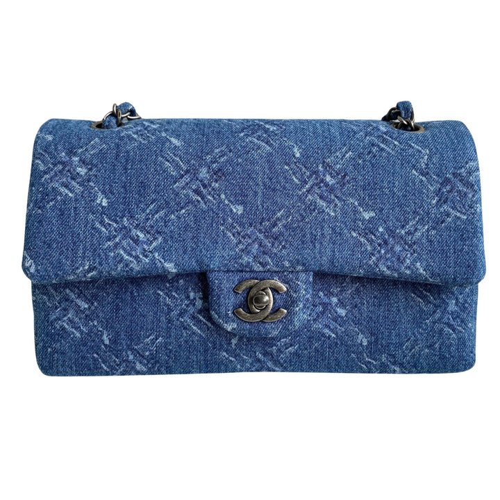 Chanel 19B Printed Quilted Denim Medium Classic Double Flap Bag | Dearluxe
