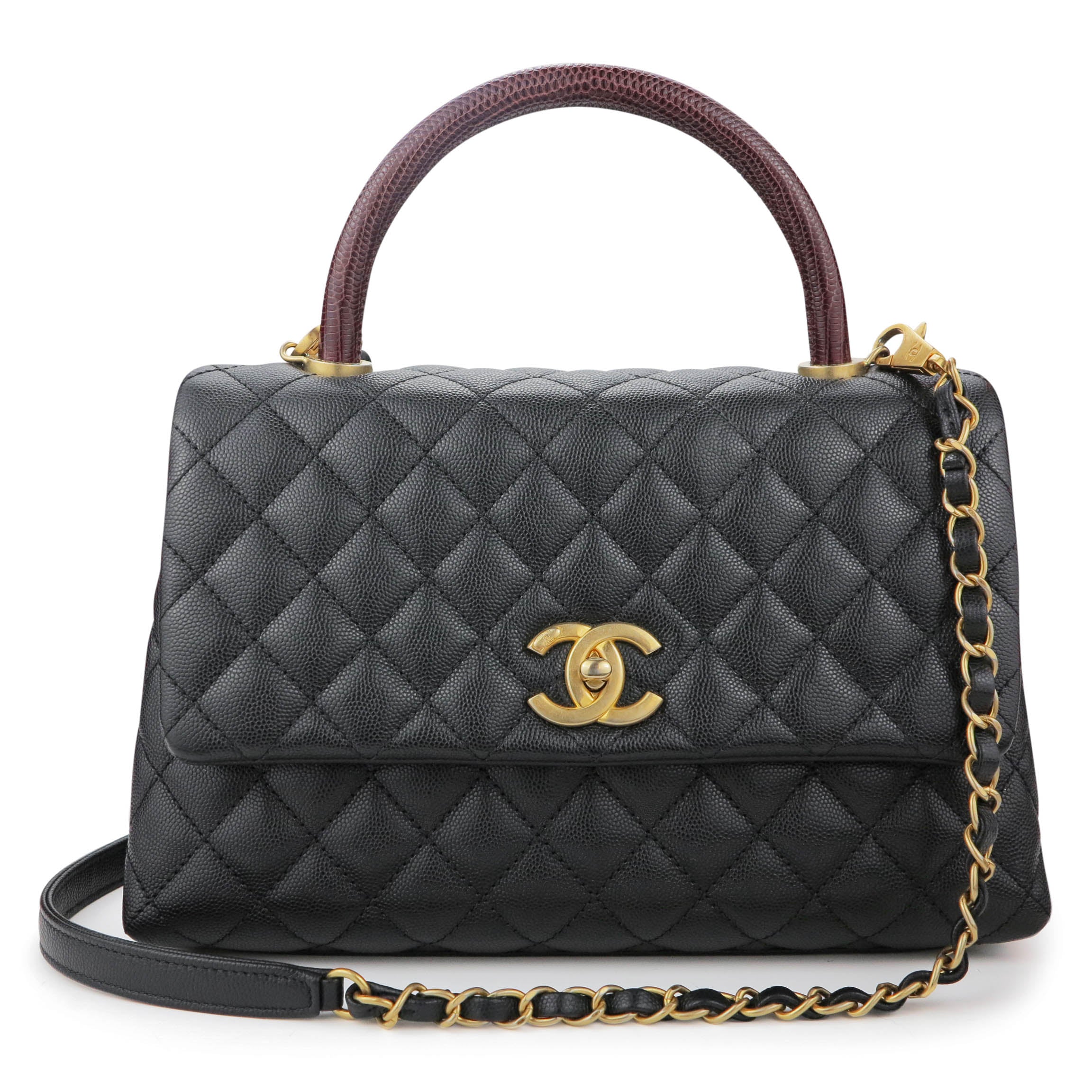 Chanel Coco Handle Small Flap Bag Black/Burgundy with Lizard Top Handle  A92990 Original Quality 7147