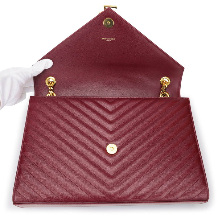 SAINT LAURENT Large Monogram Envelope Chain Shoulder Bag in Burgundy Matelassé Leather - Dearluxe.com