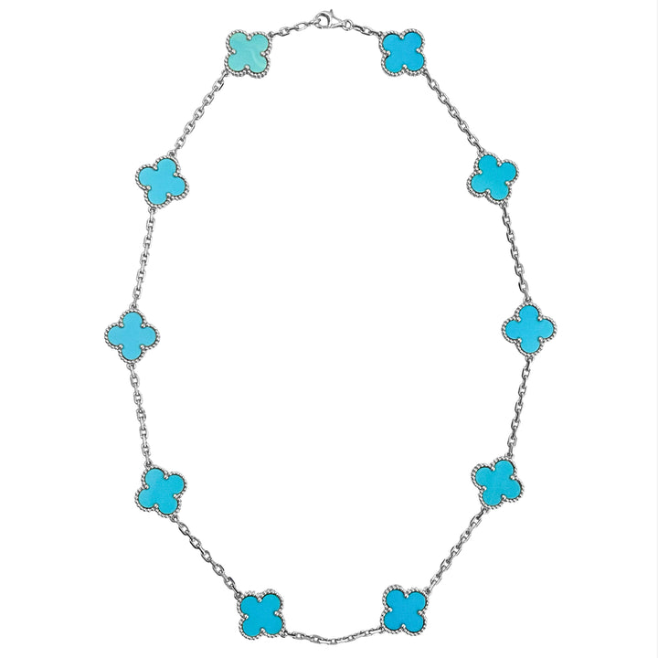 VAN CLEEF & ARPELS Turquoise Vintage Alhambra 10 Motifs Necklace 18k White Gold - Dearluxe.com