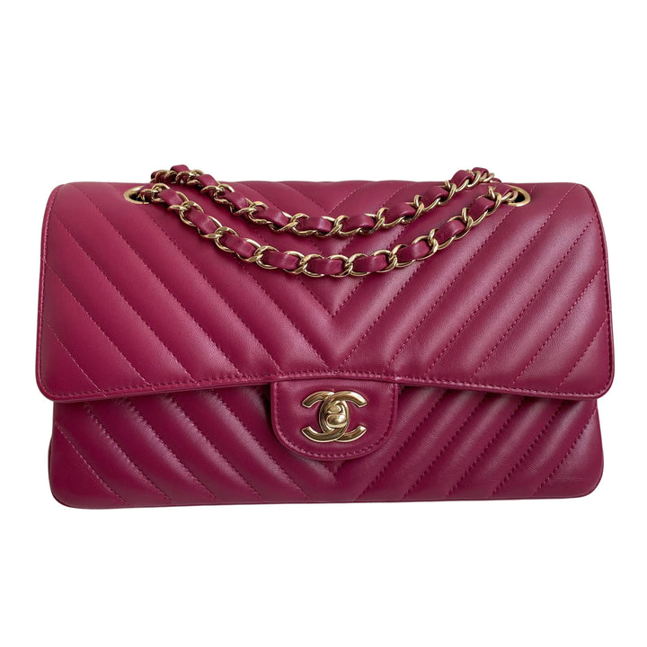 Chanel 18b Raspberry Dark Pink Lambskin Medium Classic Double Flap Bag | Dearluxe