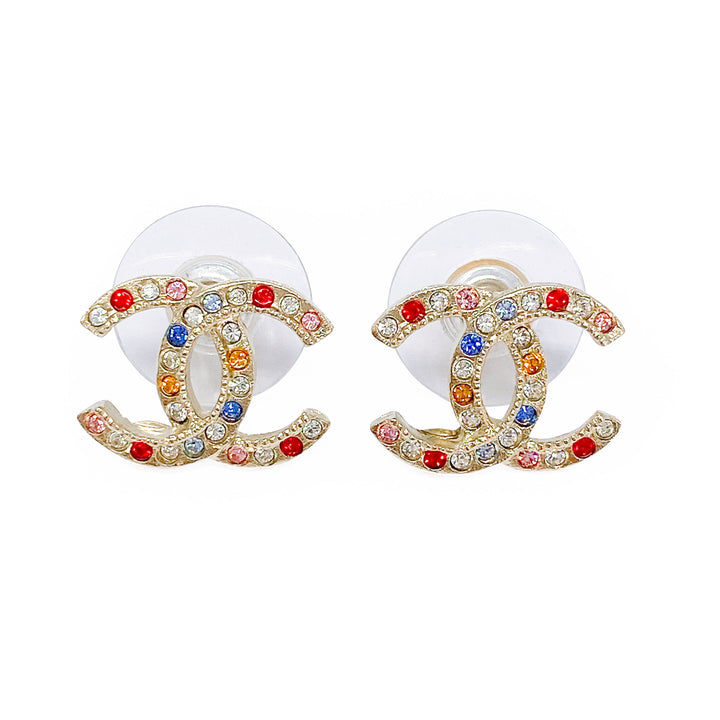 CHANEL Jewel Tone Rainbow Crystal CC Logo Stud Earrings - Dearluxe.com