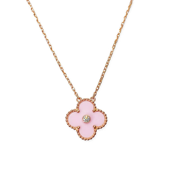 Vintage Alhambra 2015 Holiday Diamond Pendant Necklace in Pink Sèvres Porcelain 18k Pink Gold