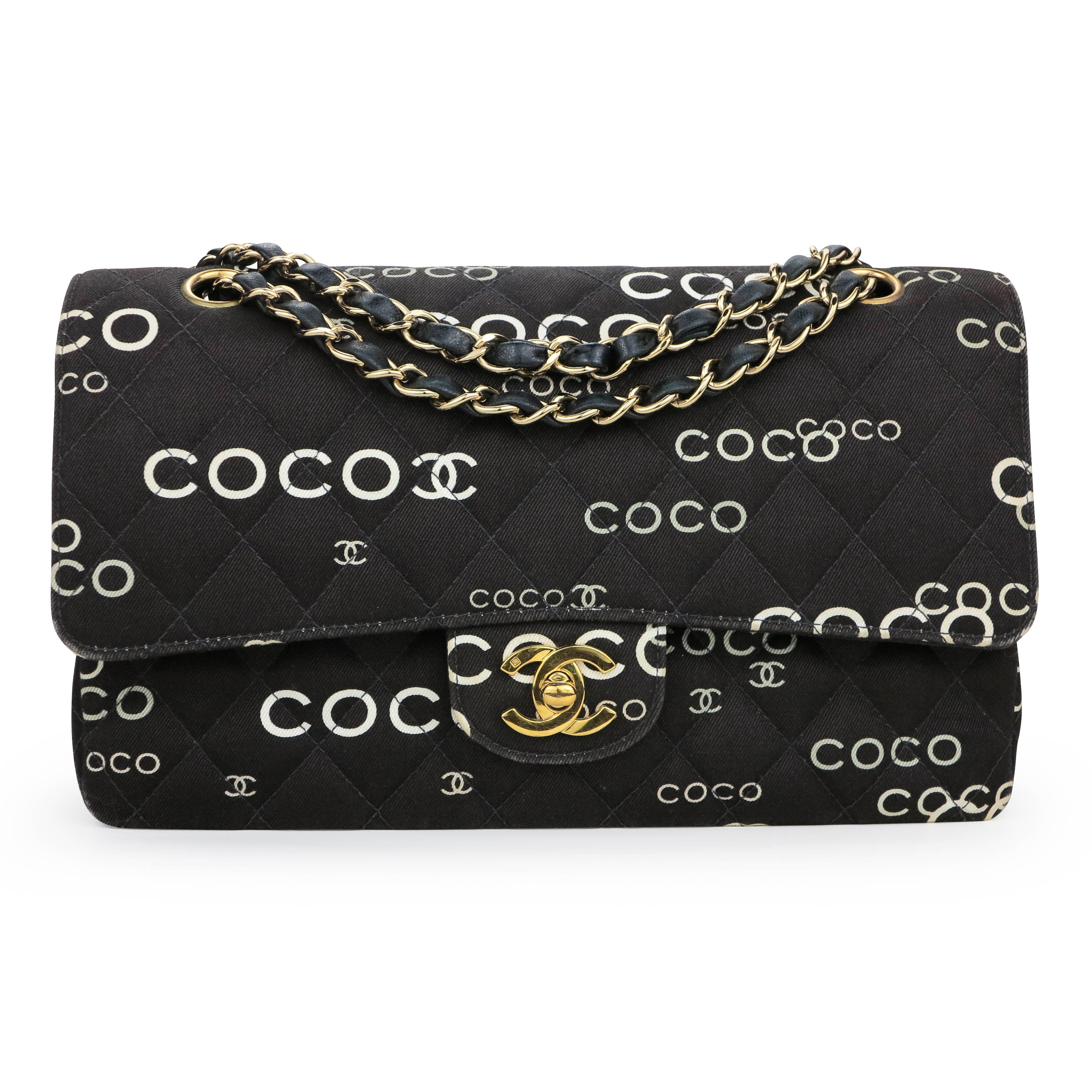 CHANEL Vintage Coco Logo Mania Medium Classic Double Flap Bag in Black  Canvas