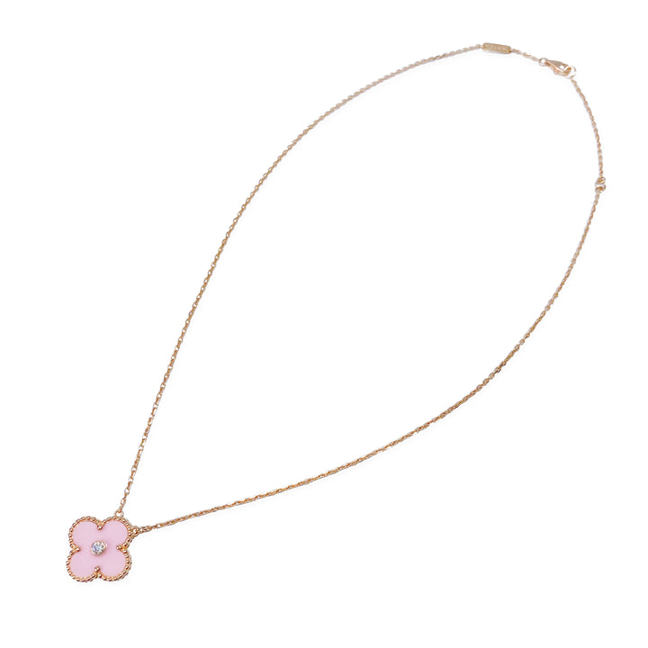 VAN CLEEF Vintage Alhambra 2015 Holiday Diamond Pendant Necklace in Pink Sèvres Porcelain - Dearluxe.com