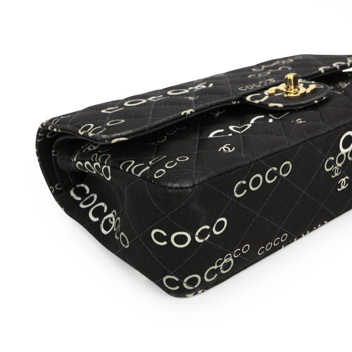 Vintage Coco Logo Mania Medium Classic Double Flap Bag in Black Canvas
